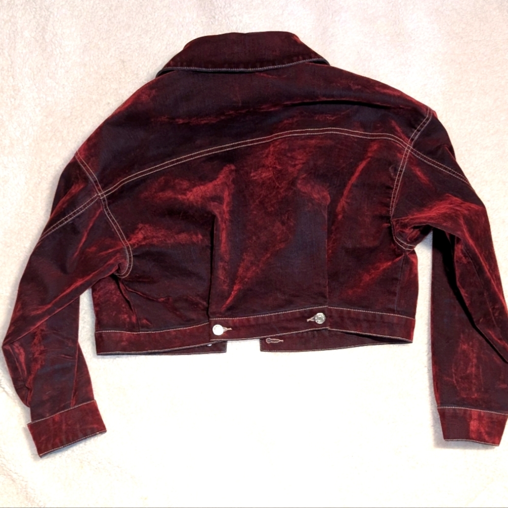 Burgundy Cropped Sueded Denim Jacket - Picture 2 of 2
